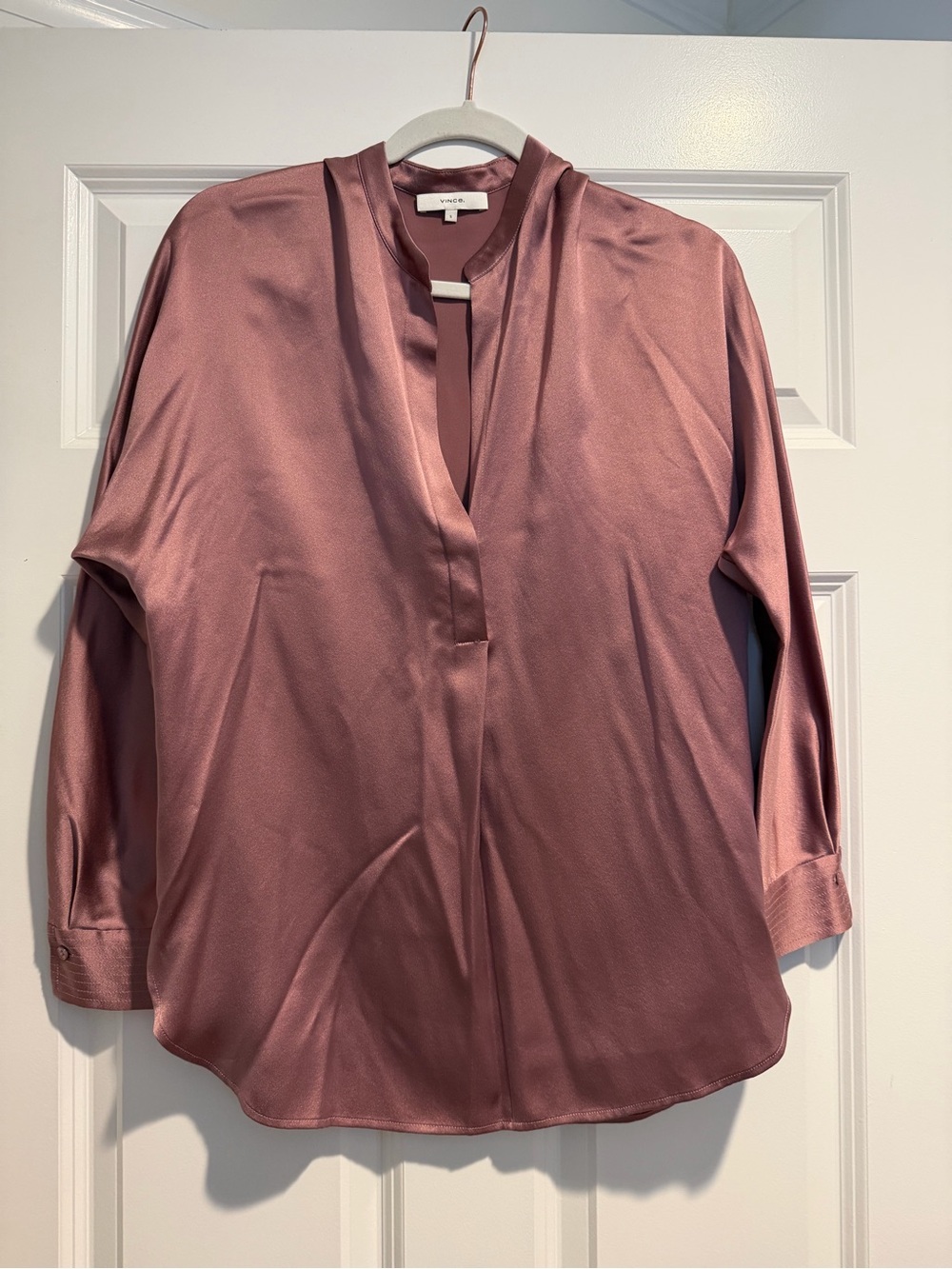 Vince Rose-Mauve Satin Split-Neck Long Sleeve Blouse